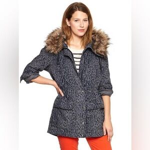GAP L Gray Animal Print Faux Fur Trim Parka Jacket Coat